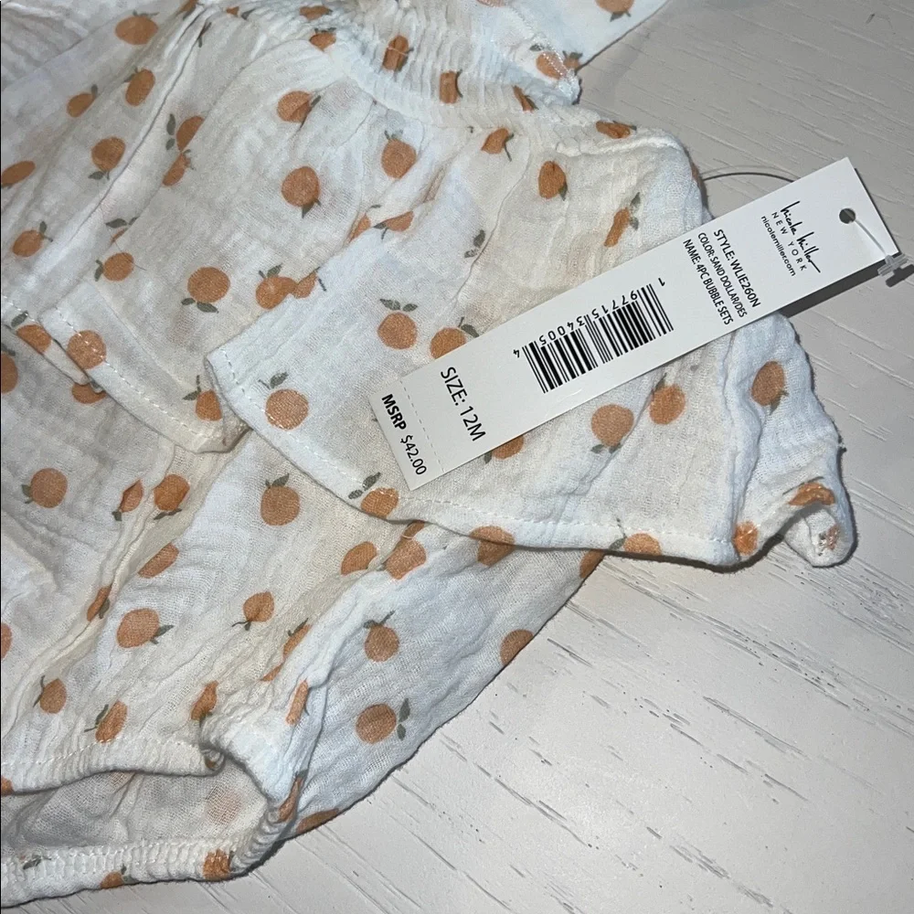 Nicole Miller 4 Piece Set Gingham Peaches Bubble Romper Hat 12 18 24 months